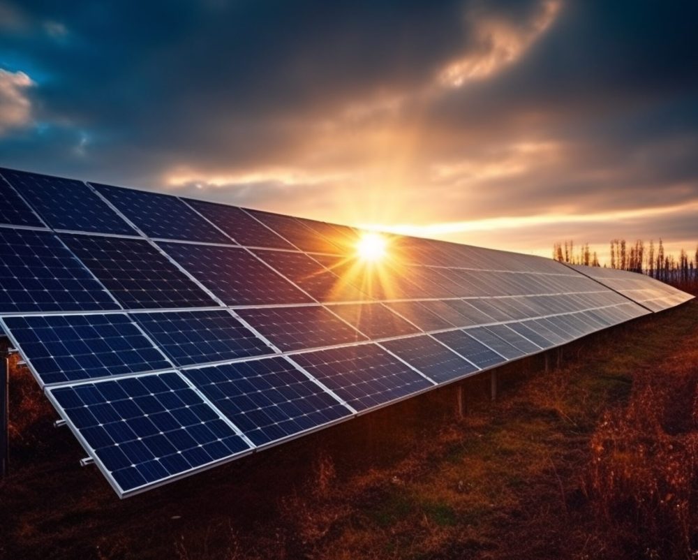 Sunset sky reflects solar panel sustainable power generation generated by artificial intelligence